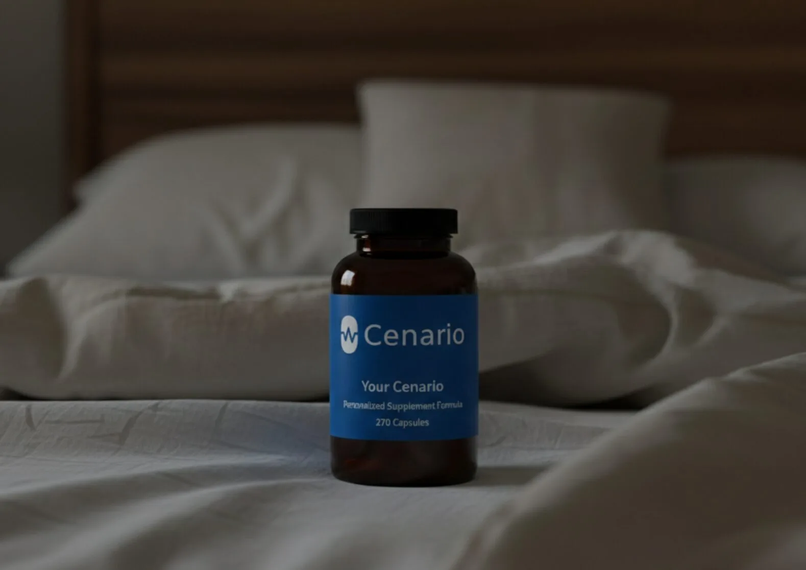 Bottle of Cenario personalized supplement on a bed